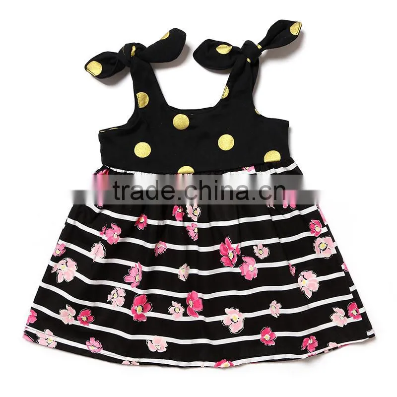 beautiful striped black dress pink flower printed with yellow spot frocks design wedding party dresses for baby girls