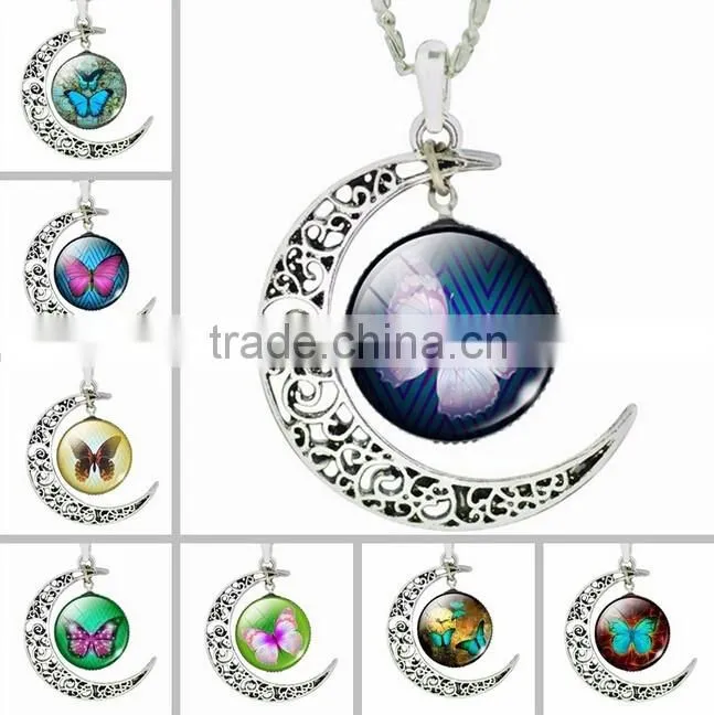 IN STOCK 2016 Silver Plated Color Women Glass Cabochon Pendant Necklace Wholesale