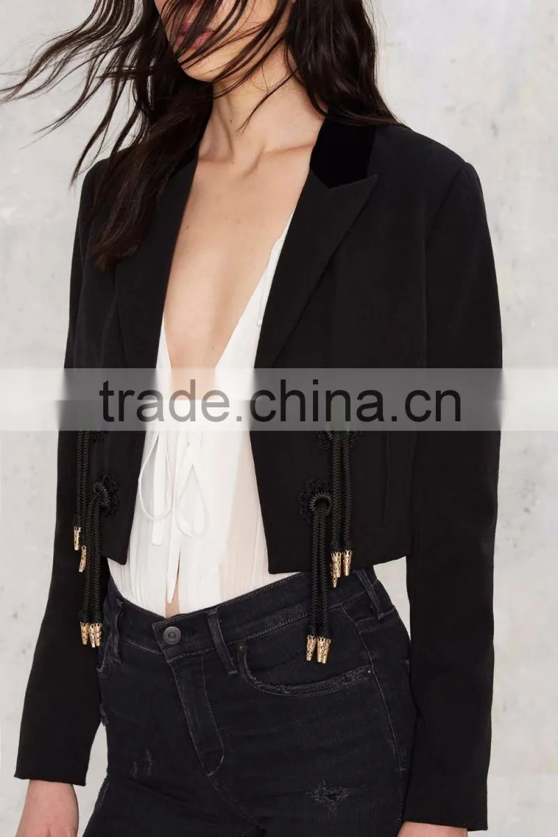 Latest Designs Plain Color Coat,Black Fancy Women Jacket 2016