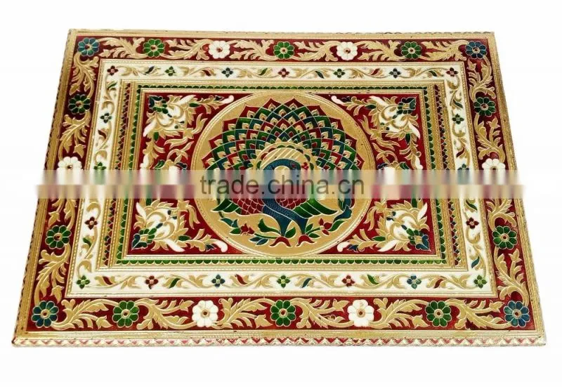 RAJWADI CHOWKI-PATLA / SITTING STOOL - PEACOCK DESIGNED WOODEN HANDMADE 15"x21"x3" CHOWKI PATLA-G.M.