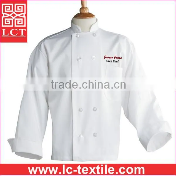 Recommend top level quality embroidery custom chef uniform with pocket on sleeves(LCTU0014)