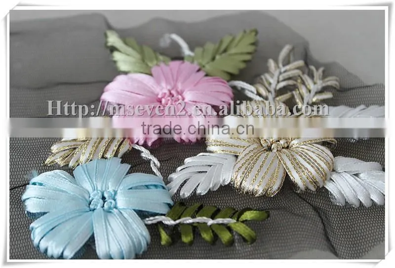 New selling trendy style fashion colorful satin ribbon crochet flower applique