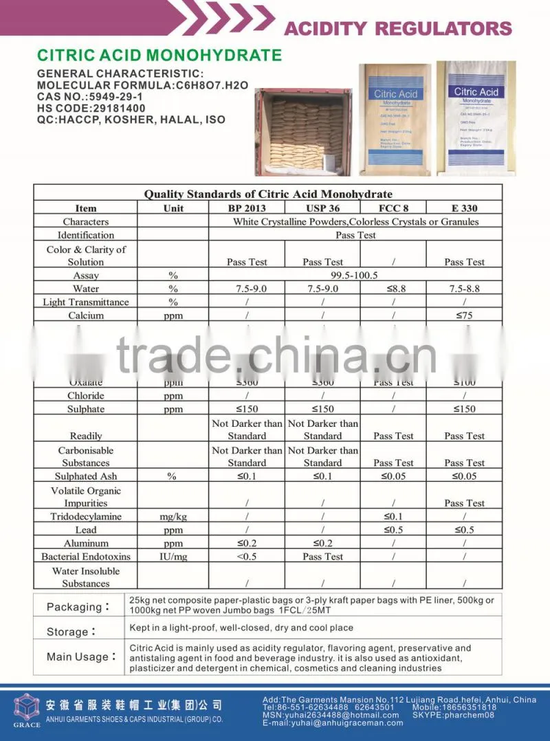 High quality Citric Acid Monohydrate