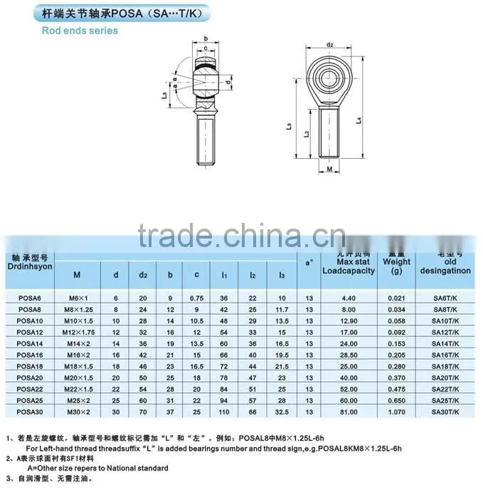 SSA8 SSA10 SSA12 SSA16 stainless steel rod end bearing M8 M10 M12 M16