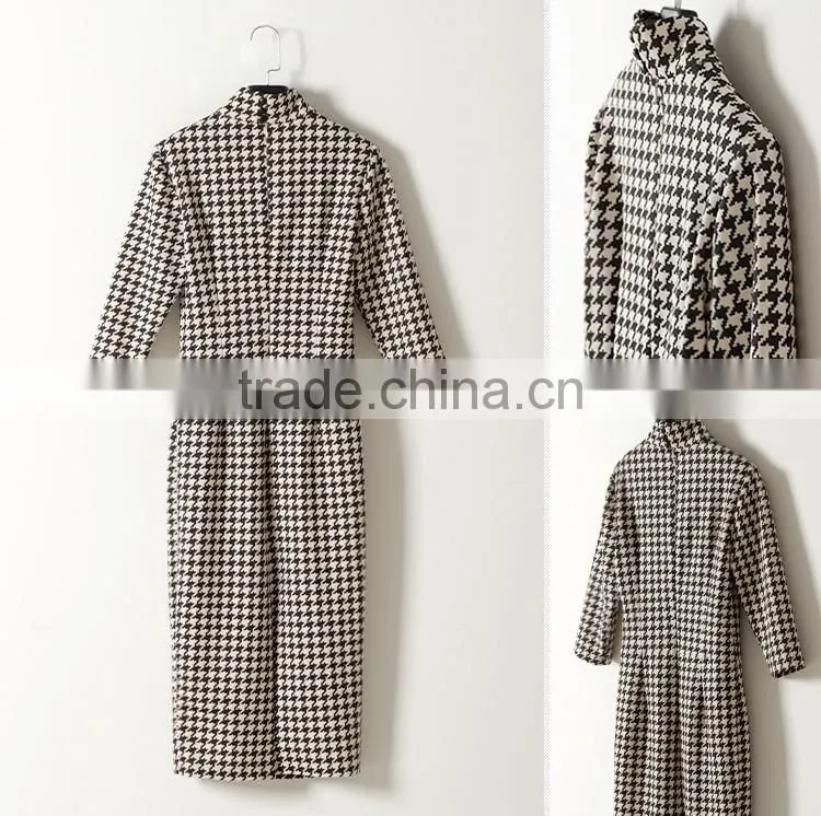 Fashion Design Ladies Houndstooth Dress Slim Fit Stand Collar Bodycon Dress