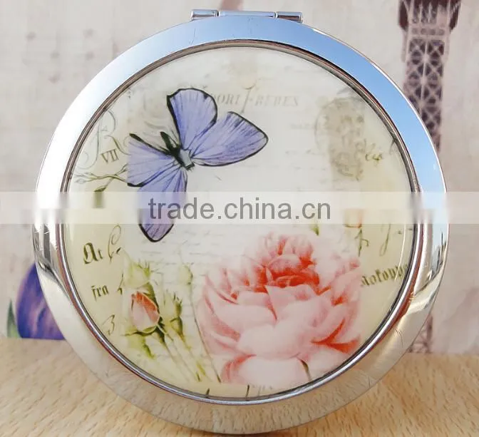 7cm Round Cosmetic Purse Compact Makeup Handbag Mirror with Butterfly