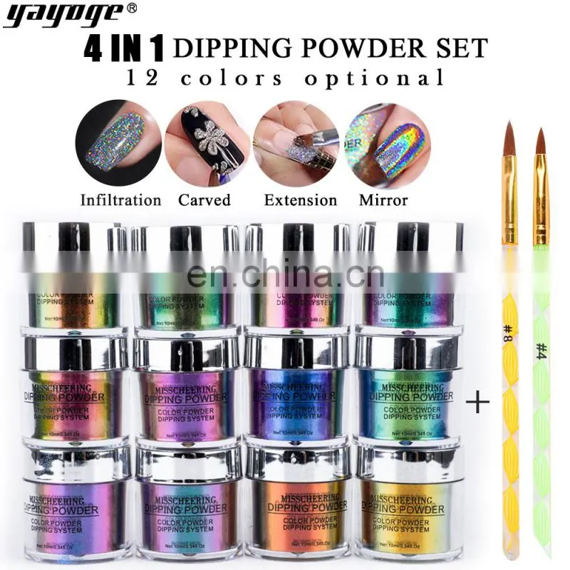 4 in one private label dip nail dipping powder kit extension gel mirror chrome powder with nail brush in stock