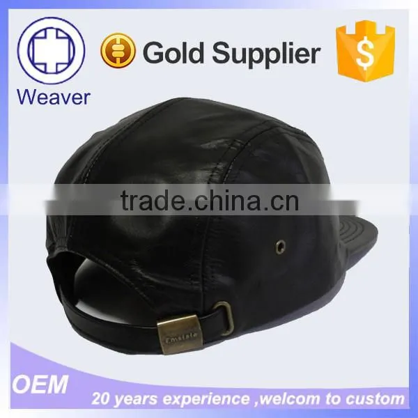 Blank China Good Wholesale Black Leather Strap Faux Leather 5 Panel Hat Manufacture