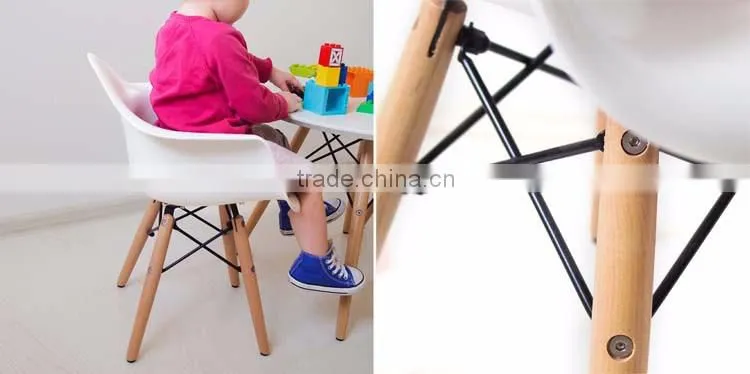Retro Modern Colorful Metal Natural Wood Dowel Leg Base Plastic Molded Armchair French Kid Dining Chair
