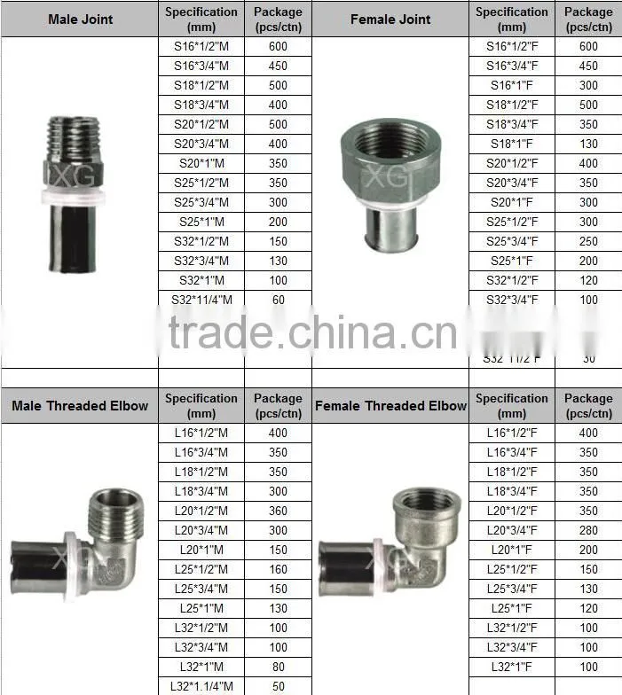 yellow gas pipe brass press fittings union and elbow/PE pipe brass fittings