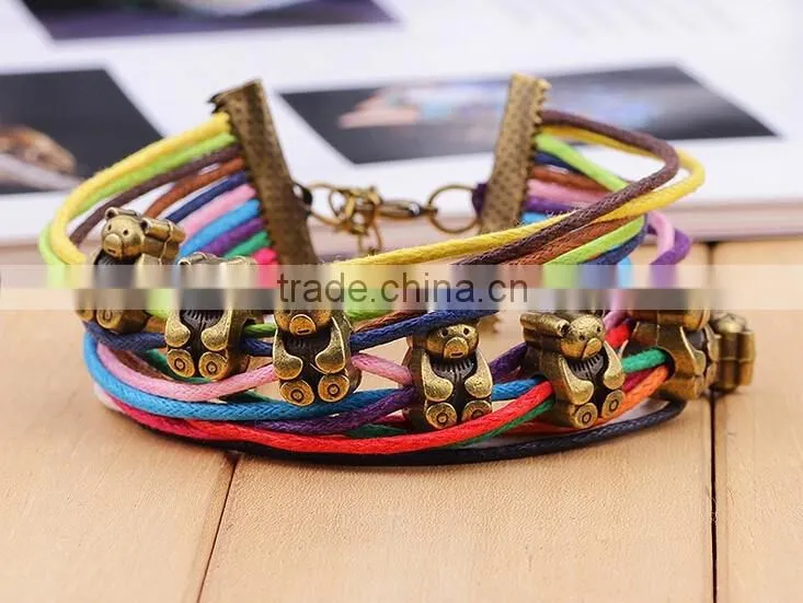 2016 Colourful multilayer rope bracelet with antique bronze bear charms