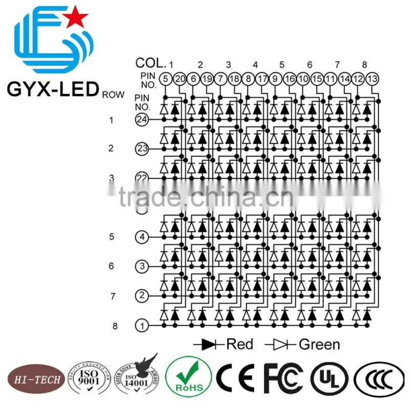 Rohs compliant red and green bi color 8*8 dots LED dot matrix display