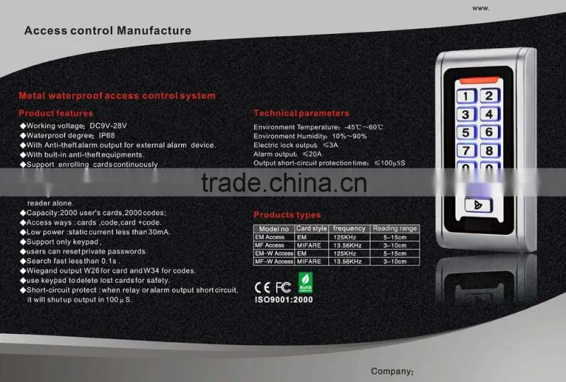 Standalone RFID Door Access Keypad RFID access control with IP68 waterproof (CE FCC Rohs)