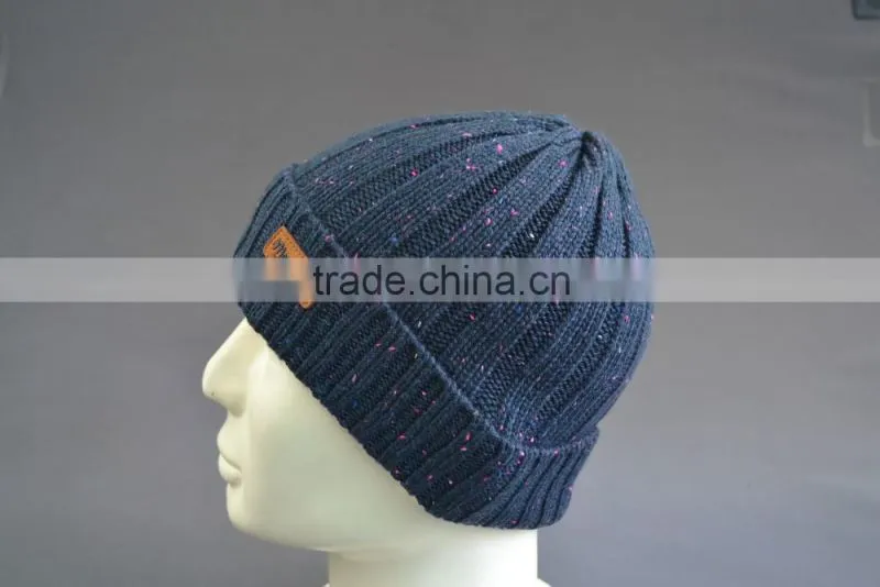 Acrylic beanie hat with PU leather patch logo