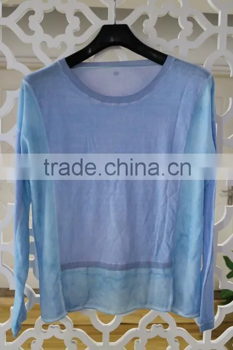 Women basic long sleeve sky blue pullover cotton woven and knit mixed sweater for autumn winter