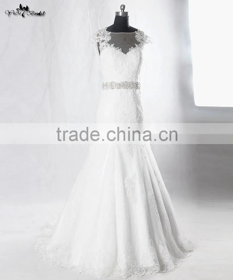 RSW928 Cap Sleeves Illusion Neckline See Through Back Lace Wedding Dresses Mermaid With Detachable Train