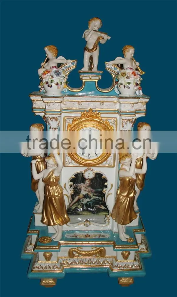 Vintage Art Decorated Ceramic Enamel Table Clock, Ornate Angel Playing Instrument Gilt and Turquoise Desk Clock
