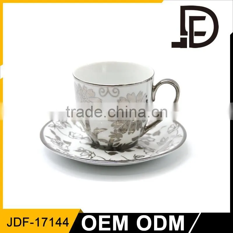 coffee cup set custom logo / silver pattern words printing coffee cup saucer