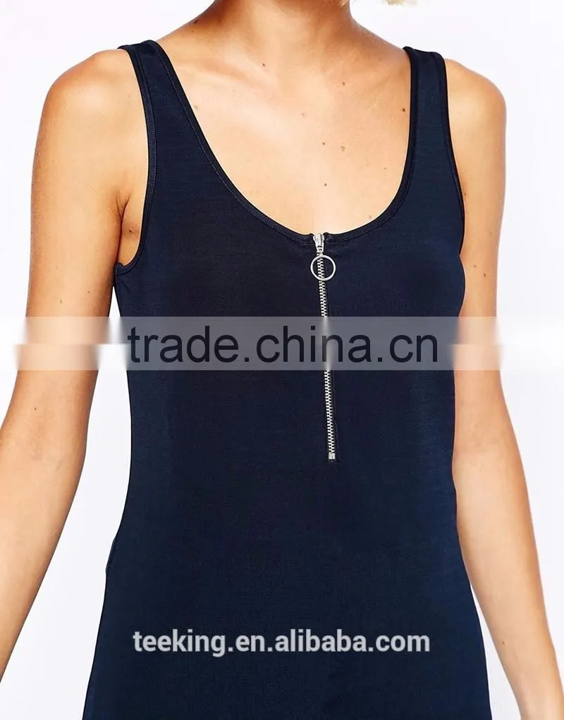 fashion navy color ladies zip front plain tank top