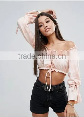 Sexy blouse designs pale pink tie dye print off-shoulder women tops blouse