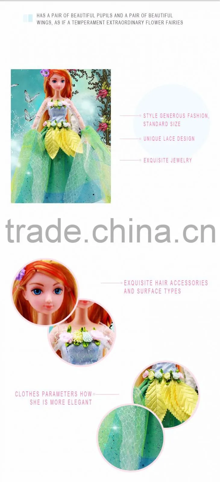 Wholesale customize nice bjd flying fairy princess dress display plastic barbiee doll