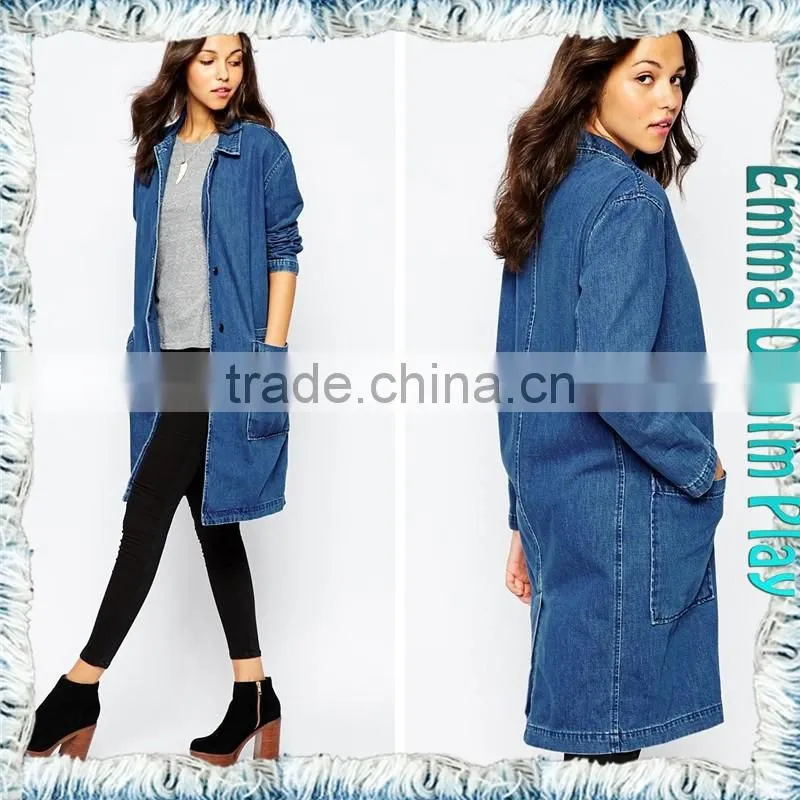 Leisure Ladies Slim Long Sleeves Elongated Denim Overcoats Manufacturer