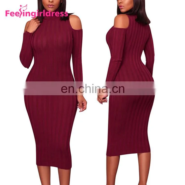 Women Sexy Cold Shoulder Knitting Sweater Long Sleeve Bodycon Party Mini Dress