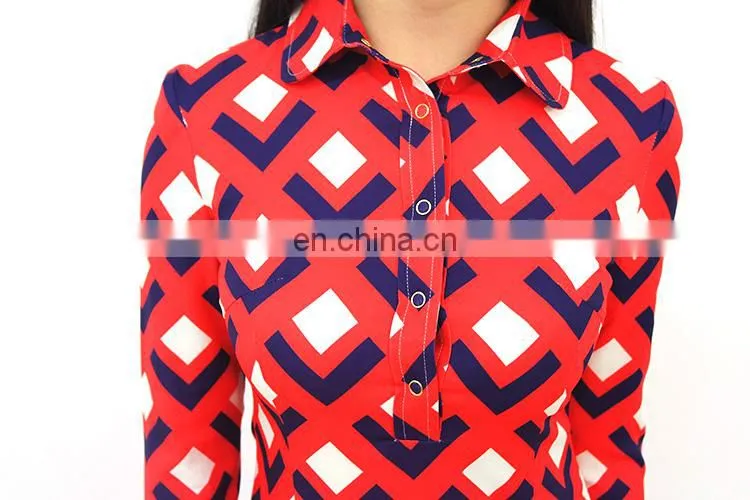 Ladies retro printing red Knitted Cotton shirt style long sleeve lapel dress