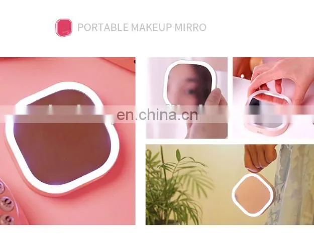 Mini led usb cosmetic mirror powered portable smart square travel hand make up mirror with power bank