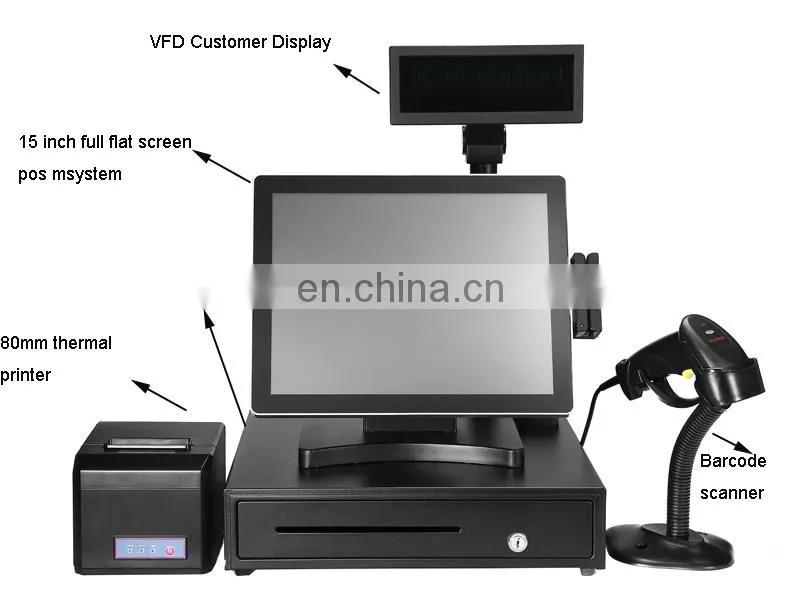 All in one pos 15 inch touch/ desktop computer with barcode reader