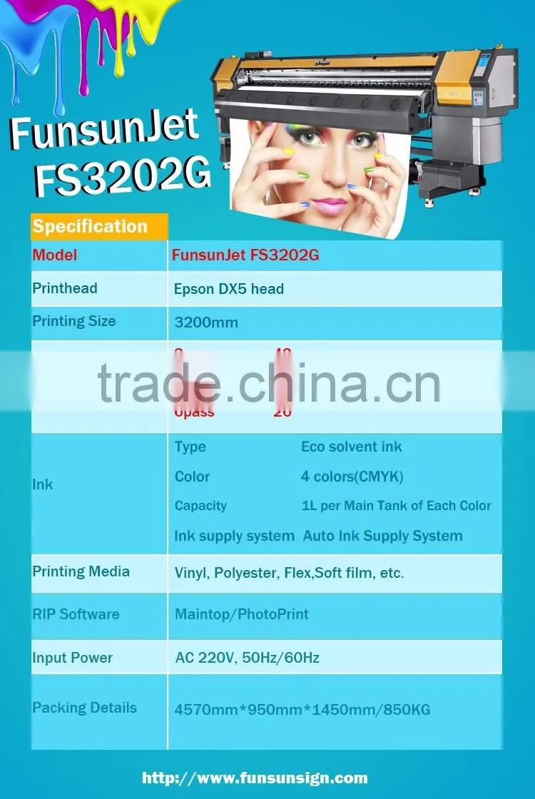 Funsunjet FS3202G 3.2m / 10ft wide format printer with dx5 head for SAV adhesive vinyl sticker printing 1440dpi