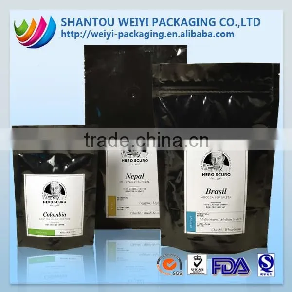 zip lock plastic stand up foil coffee bags with valve