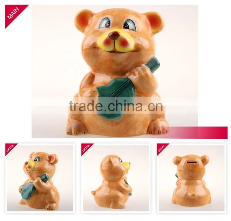 Hot selling new design bear Playing musical instruments shape lovely ceramic piggy bank