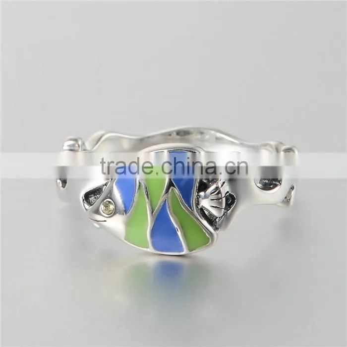 New Designer Adjustable Enamel Fish Shape Silver Ring With Rhinestone