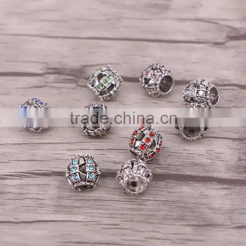 Drum Crystal Rhinestone Metal Beads Antique Silver Plated Jewelry Big Hole European Bead Fit For Making Charms Bracelet