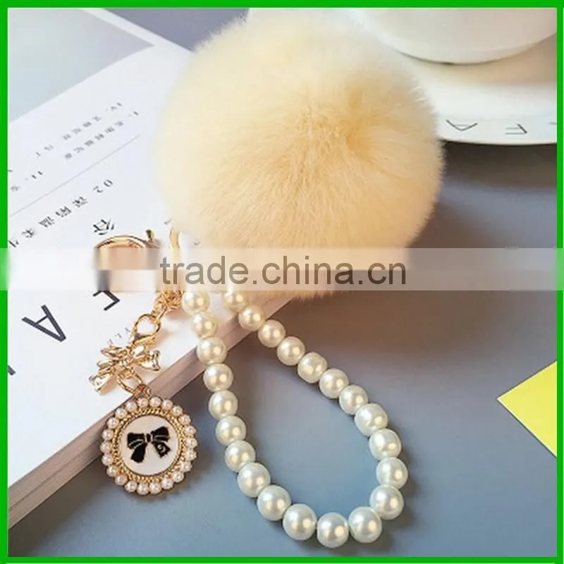 Custom pom pom rabbit fur ball keychain with pearl