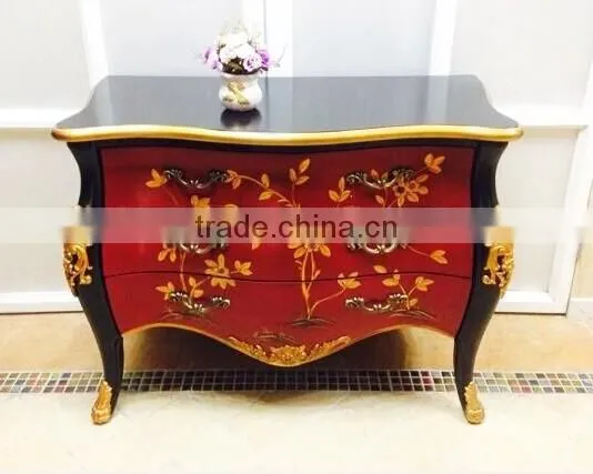 Classico Regency Decorative French Solid Wood Bombe Chest with Precious Golden Brass and Beautiful Chinoiserie Paint BF12-04254b