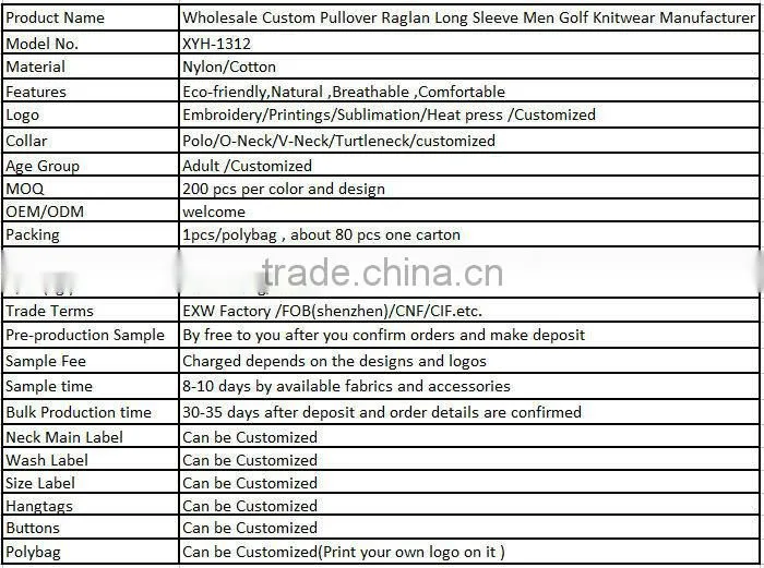 Wholesale Custom Pullover Raglan Long Sleeve Men Golf Knitwear Manufacturer