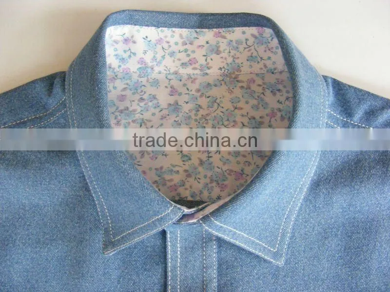 short sleeve contrast color floral denim shirts