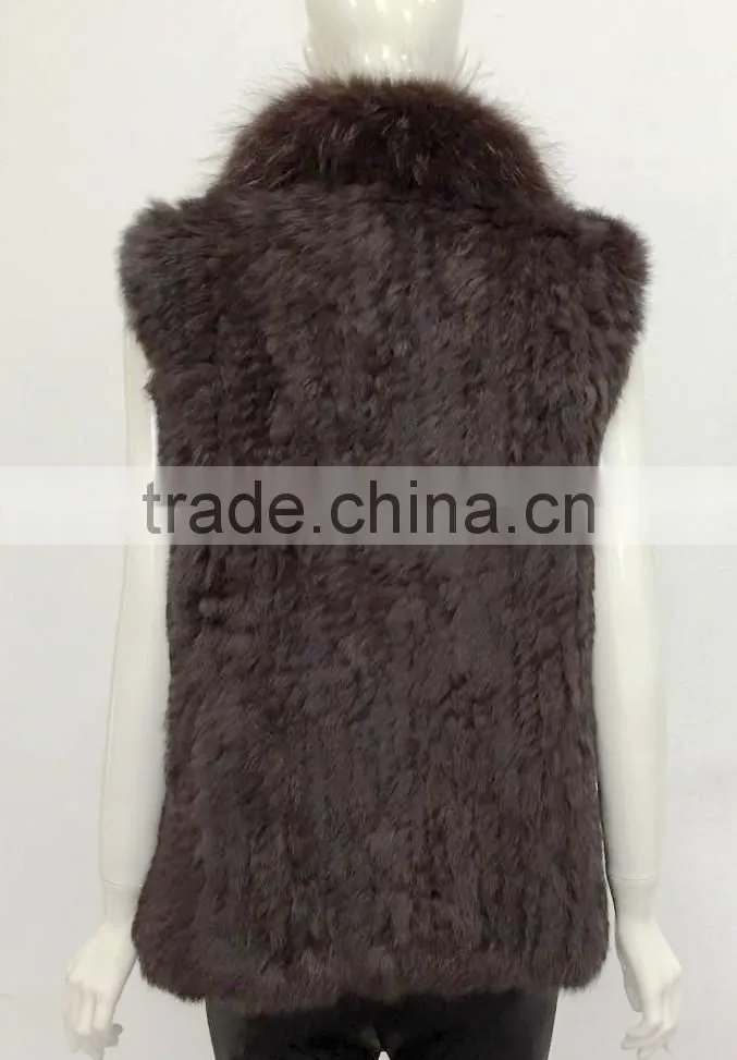 YR644 Women Genuine Rabbit Hand knit with Raccoon Fur Waistcoat Yanran Fur Factory OEM Order Fur Gilet