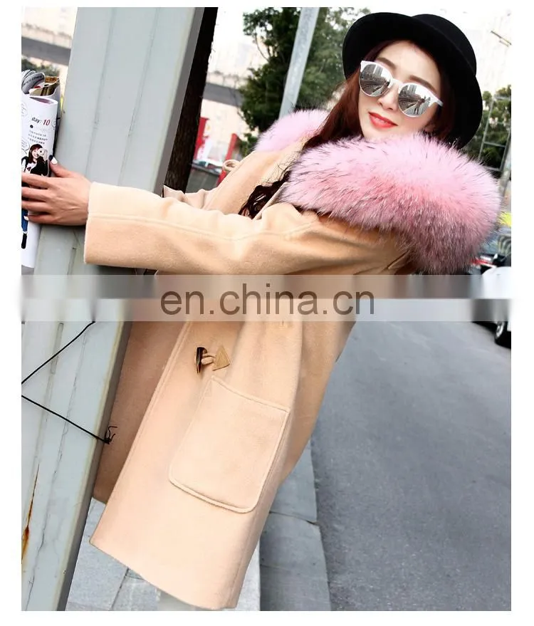 Fashion Hot Women Winter Raccoon Fur Short Hooded Korean Cashmere Wool Coat