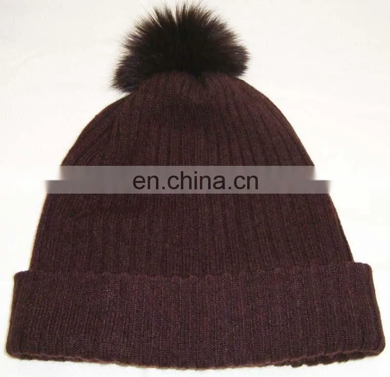 Knitted Cashmere Caps With Fur Pom Pom