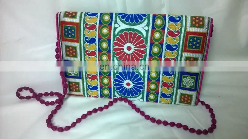 hot sale fancy beaded mirror women's girl's embroidery work hand made vogue indian clutch bag