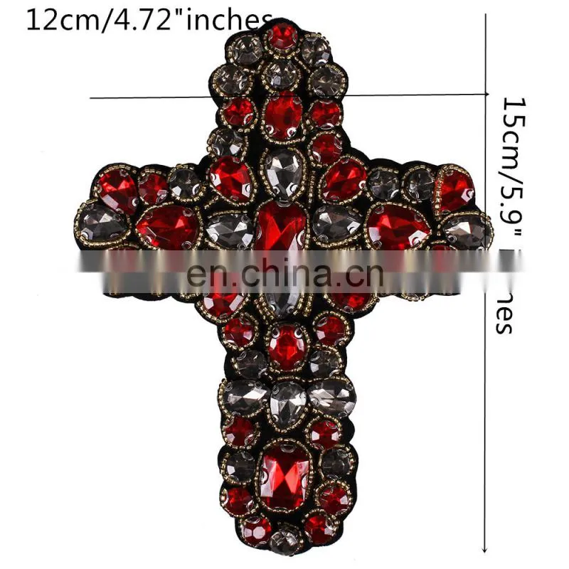 Custom Beading Rhinestones Red Gold Cross Design Sew On Patches