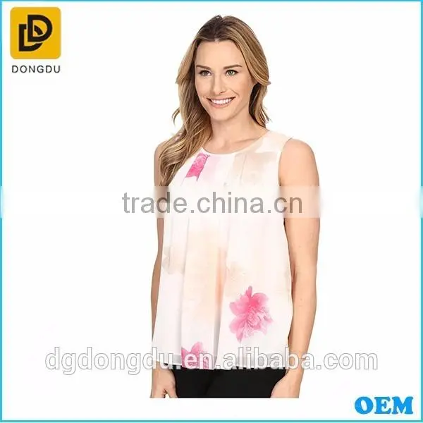 Fashionable Ladies Blouse Hot Sale 100% Cotton Sleeveless Print Blouse for women 2016