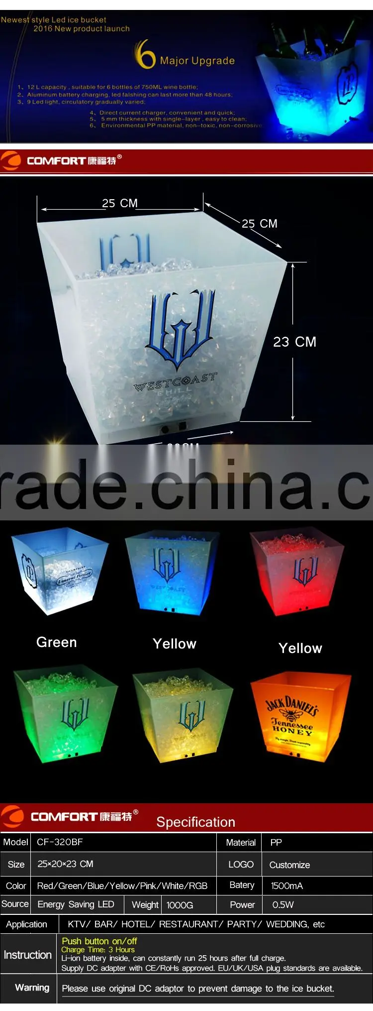Stocked clear plastic led ice buckets wholesale with drink holder