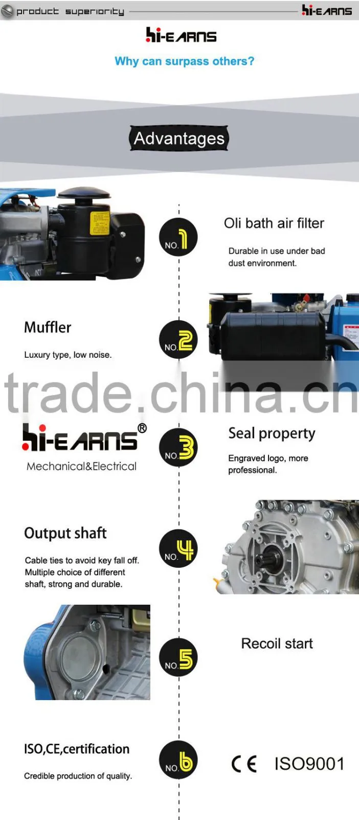 High quality 10hp recoil start small stable boat diesel engine