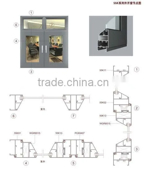 55K outward opening series Aluminum Casement Windows (Aluminum Windows Frame)
