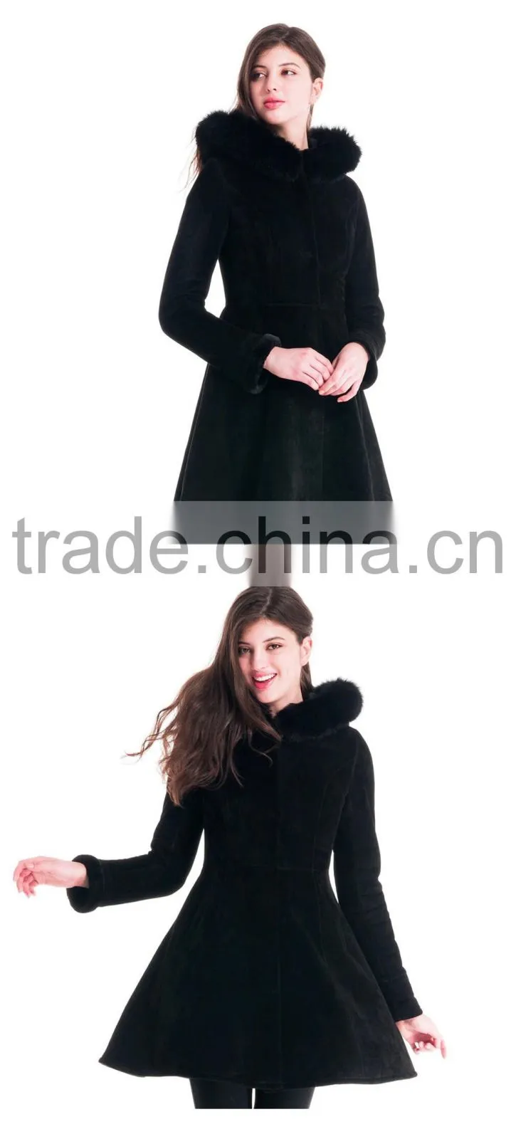 2015 Winter Women Medium Length Slim Fit Coat With Blue fox Hat Wish Skirt Overcoat