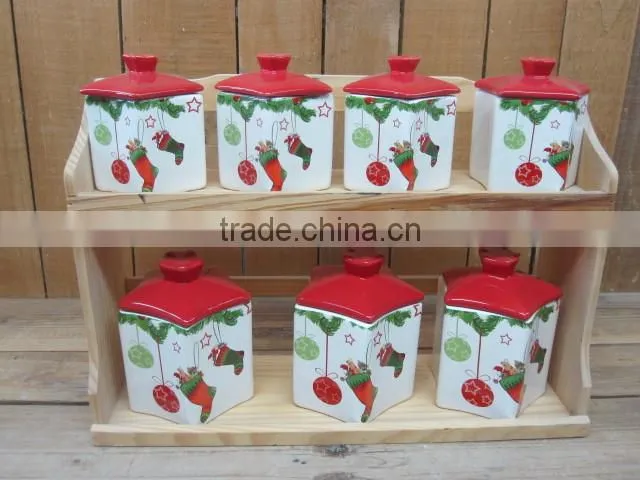 new christmas 6pcs ceramic spices canisters set with wood stand